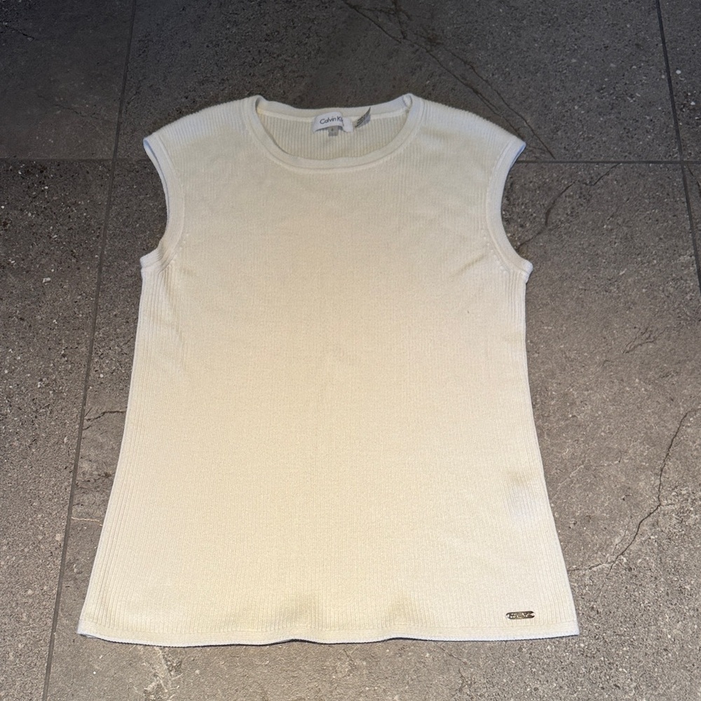 Calvin Klein Cream Ribbed Cap-Sleeve Tank